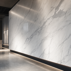 Premium Ziarat white marble slab wall in luxury showroom